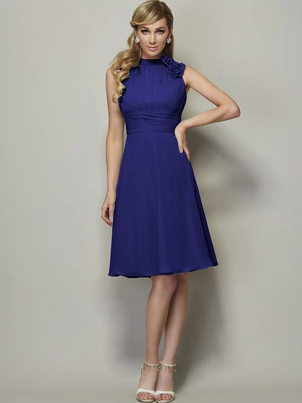 Charming High Neck Sleeveless Pleats Short Chiffon Bridesmaid Dresses - Image 25