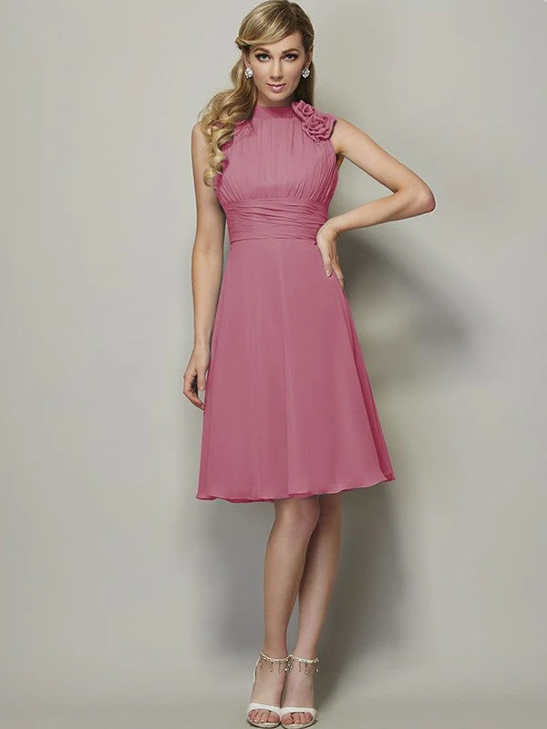 Charming High Neck Sleeveless Pleats Short Chiffon Bridesmaid Dresses - Image 28