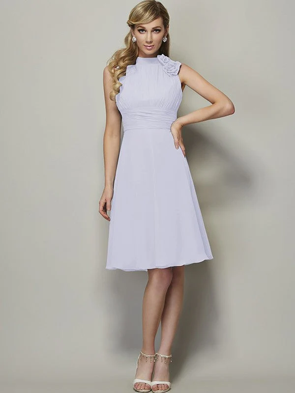 Charming High Neck Sleeveless Pleats Short Chiffon Bridesmaid Dresses - Image 29