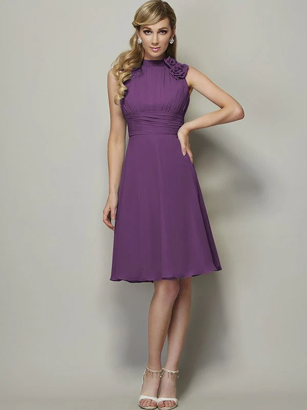 Charming High Neck Sleeveless Pleats Short Chiffon Bridesmaid Dresses - Image 5