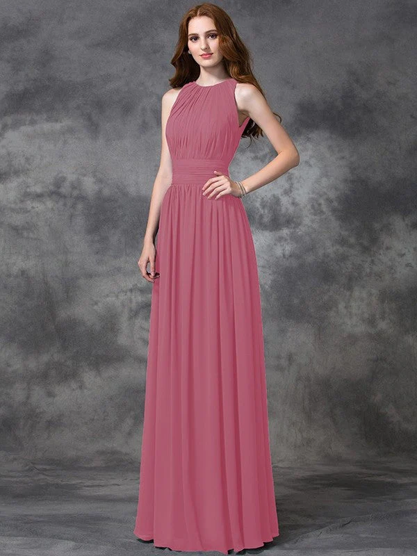 Charming Jewel Ruched Sleeveless Long Chiffon Bridesmaid Dresses - Image 28