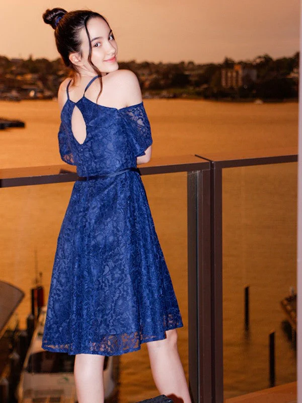 Charming Lace Ruffles Halter Short Sleeves Knee-Length Junior/Girls Bridesmaid Dresses - Image 3