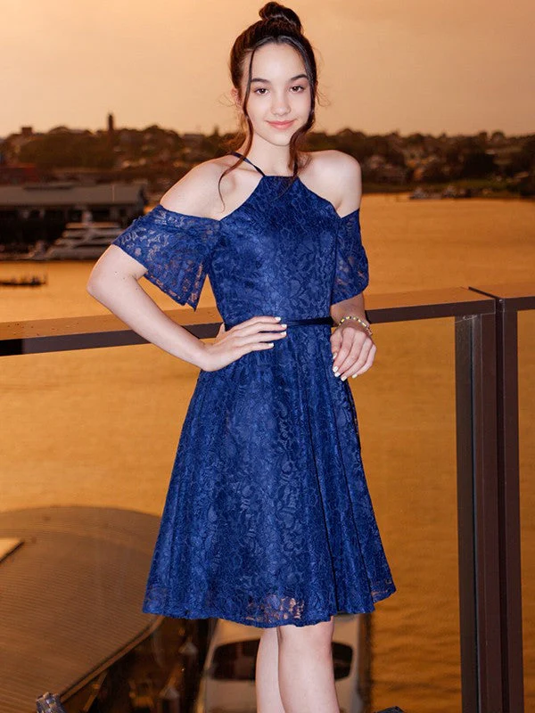Charming Lace Ruffles Halter Short Sleeves Knee-Length Junior/Girls Bridesmaid Dresses - Image 4