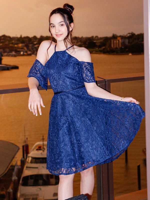 Charming Lace Ruffles Halter Short Sleeves Knee-Length Junior/Girls Bridesmaid Dresses - Image 5