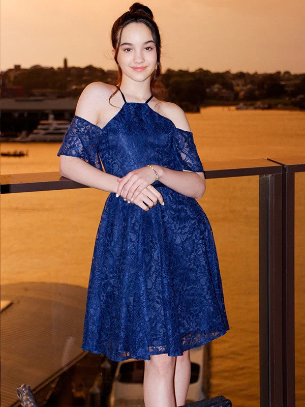 Charming Lace Ruffles Halter Short Sleeves Knee-Length Junior/Girls Bridesmaid Dresses - Image 6