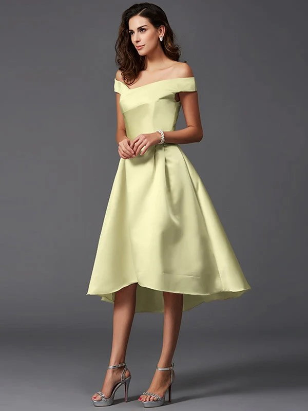 Charming Off-the-Shoulder Sleeveless High Low Satin Bridesmaid Dresses - Image 10