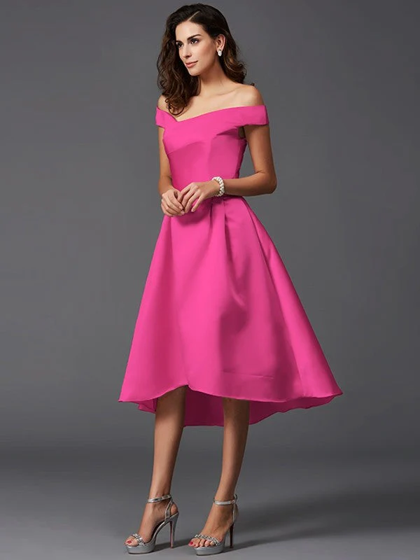 Charming Off-the-Shoulder Sleeveless High Low Satin Bridesmaid Dresses - Image 11