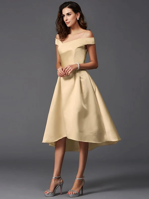 Charming Off-the-Shoulder Sleeveless High Low Satin Bridesmaid Dresses - Image 12