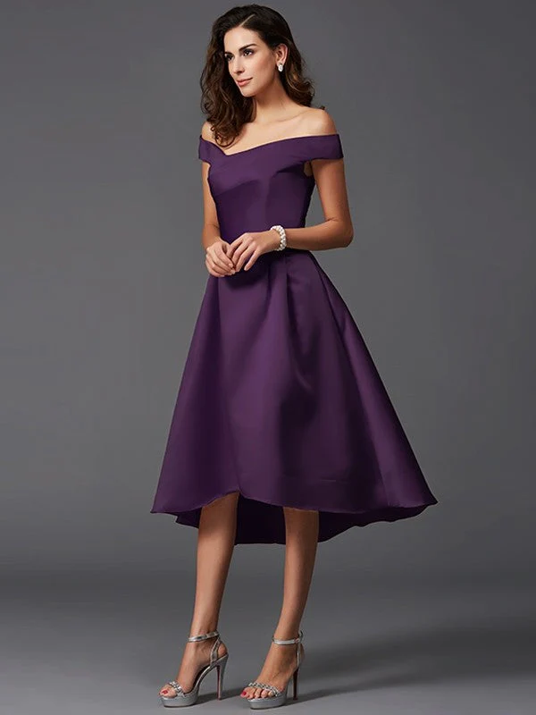 Charming Off-the-Shoulder Sleeveless High Low Satin Bridesmaid Dresses - Image 13