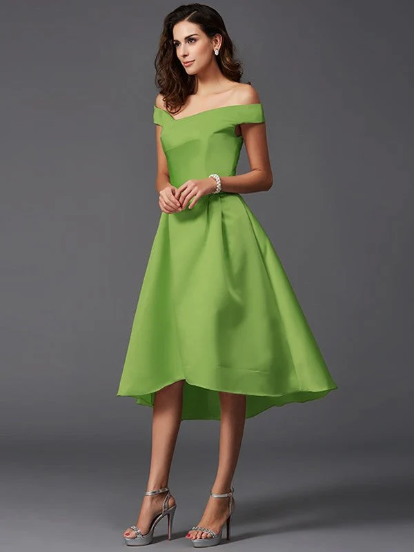 Charming Off-the-Shoulder Sleeveless High Low Satin Bridesmaid Dresses - Image 14