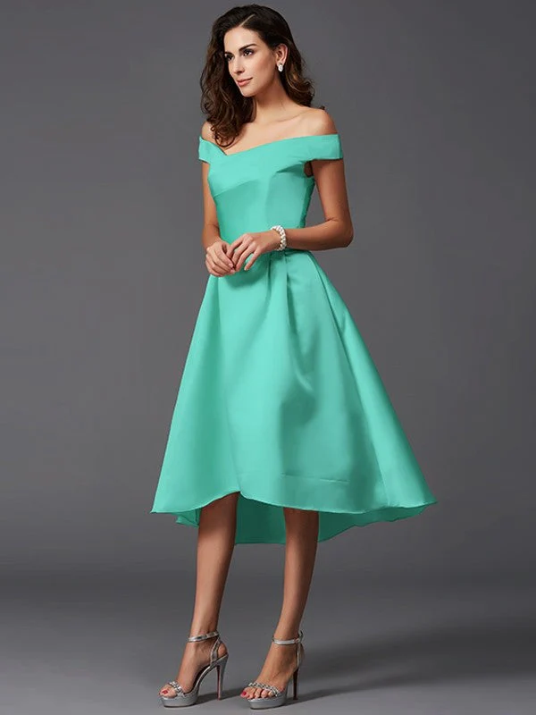Charming Off-the-Shoulder Sleeveless High Low Satin Bridesmaid Dresses - Image 15