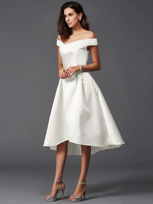 Charming Off-the-Shoulder Sleeveless High Low Satin Bridesmaid Dresses - Image 16
