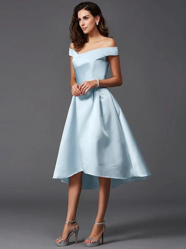 Charming Off-the-Shoulder Sleeveless High Low Satin Bridesmaid Dresses - Image 17
