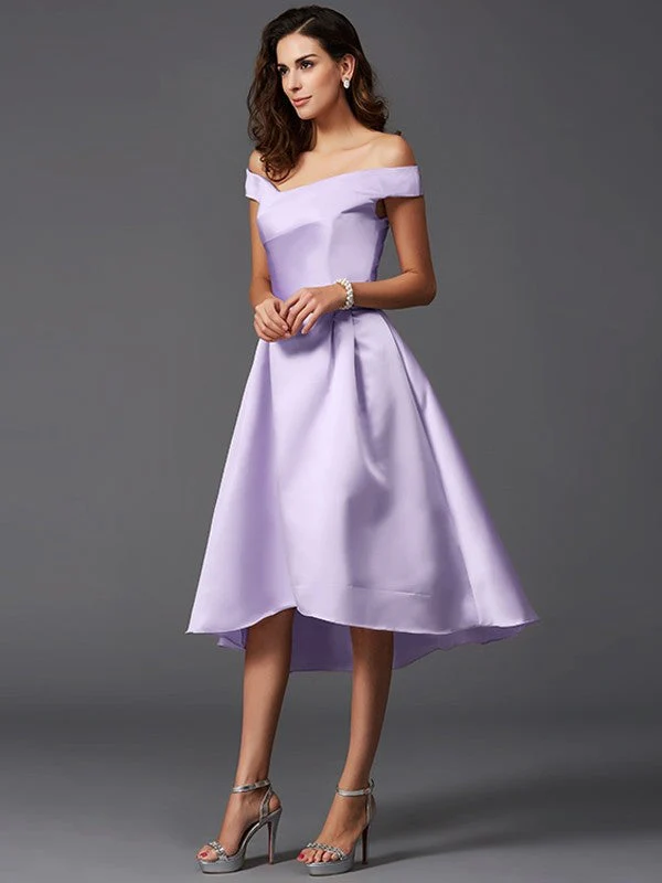 Charming Off-the-Shoulder Sleeveless High Low Satin Bridesmaid Dresses - Image 18