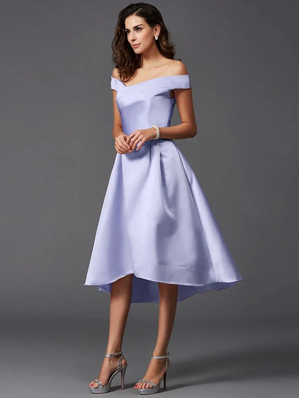Charming Off-the-Shoulder Sleeveless High Low Satin Bridesmaid Dresses - Image 19