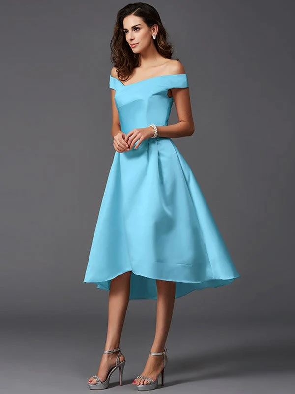 Charming Off-the-Shoulder Sleeveless High Low Satin Bridesmaid Dresses - Image 2