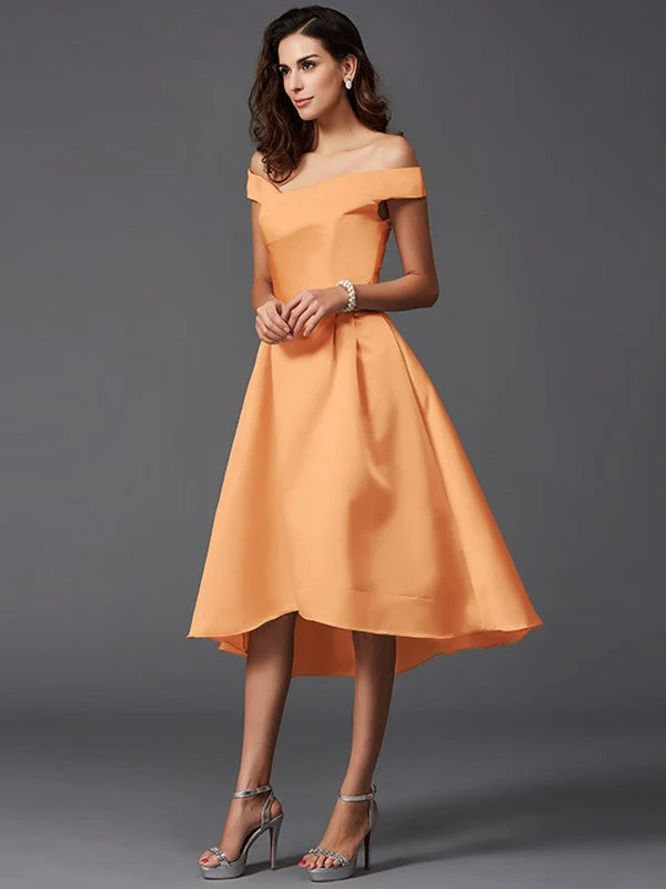 Charming Off-the-Shoulder Sleeveless High Low Satin Bridesmaid Dresses - Image 20