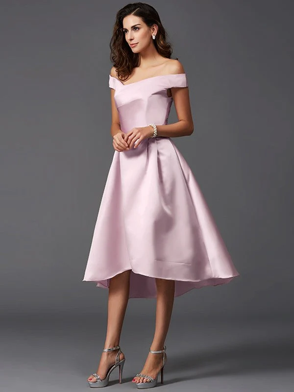 Charming Off-the-Shoulder Sleeveless High Low Satin Bridesmaid Dresses - Image 22