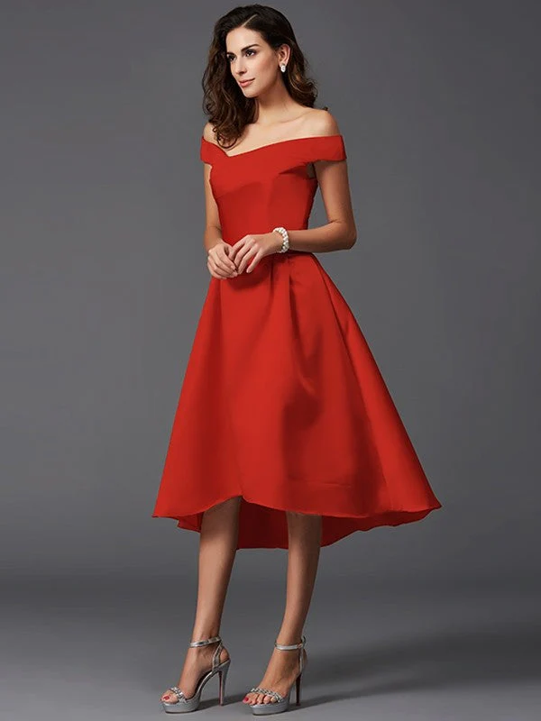 Charming Off-the-Shoulder Sleeveless High Low Satin Bridesmaid Dresses - Image 23