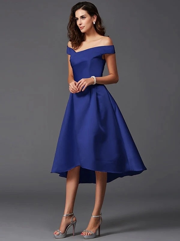 Charming Off-the-Shoulder Sleeveless High Low Satin Bridesmaid Dresses - Image 25