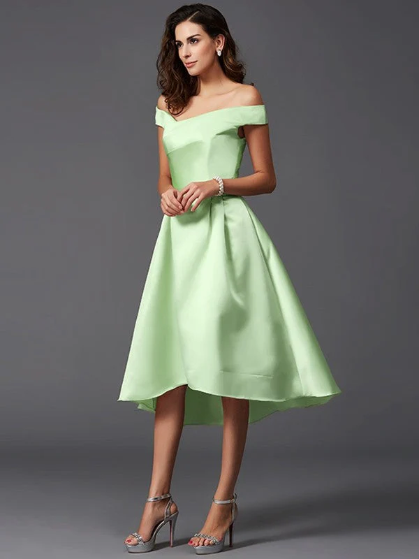 Charming Off-the-Shoulder Sleeveless High Low Satin Bridesmaid Dresses - Image 26