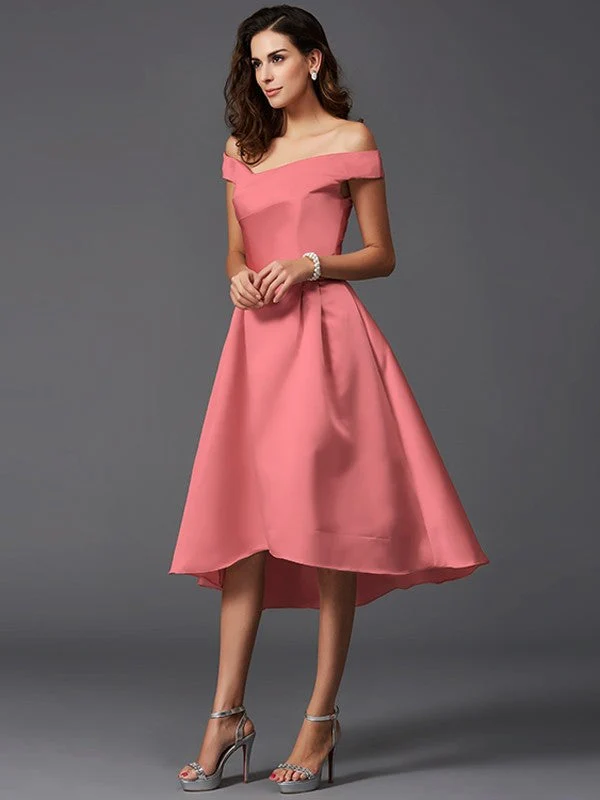 Charming Off-the-Shoulder Sleeveless High Low Satin Bridesmaid Dresses - Image 27