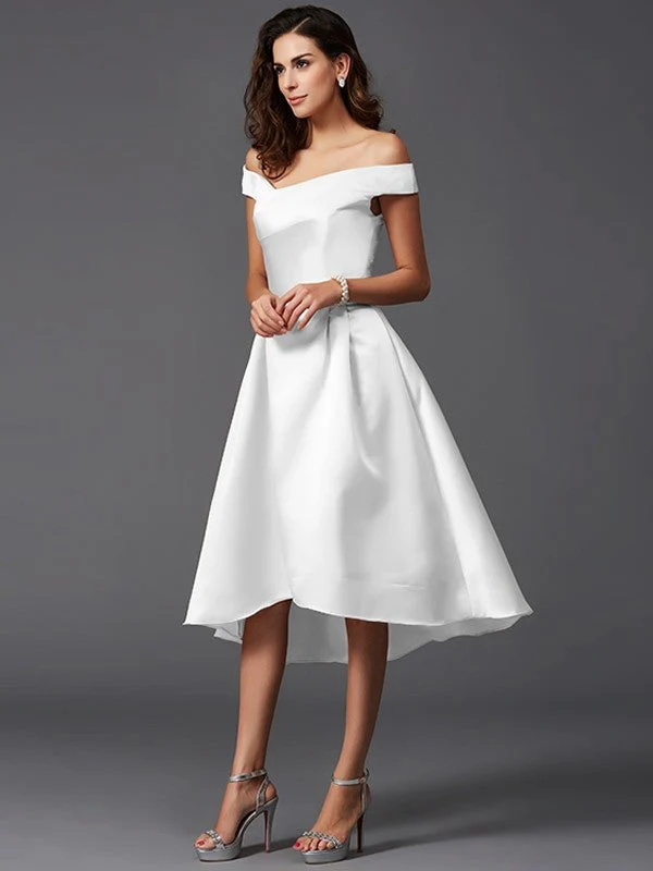 Charming Off-the-Shoulder Sleeveless High Low Satin Bridesmaid Dresses - Image 28