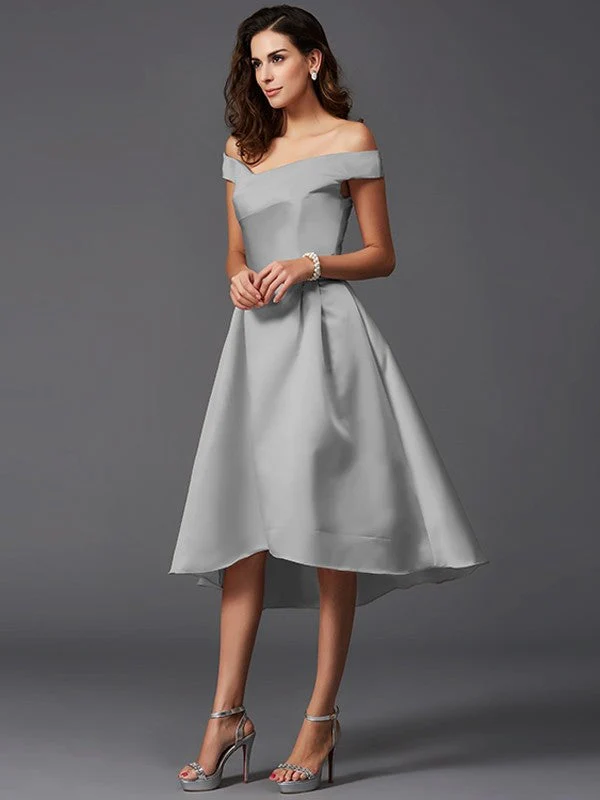 Charming Off-the-Shoulder Sleeveless High Low Satin Bridesmaid Dresses - Image 29