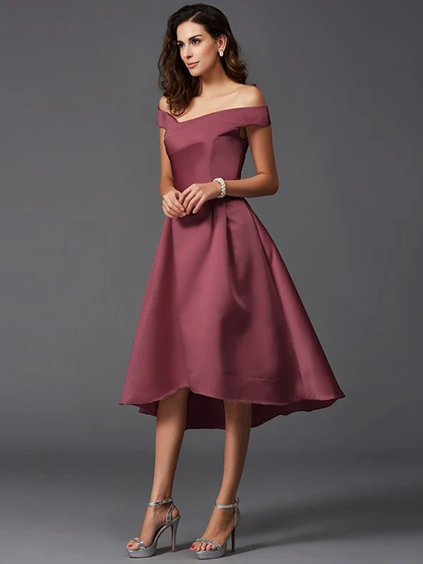 Charming Off-the-Shoulder Sleeveless High Low Satin Bridesmaid Dresses - Image 4