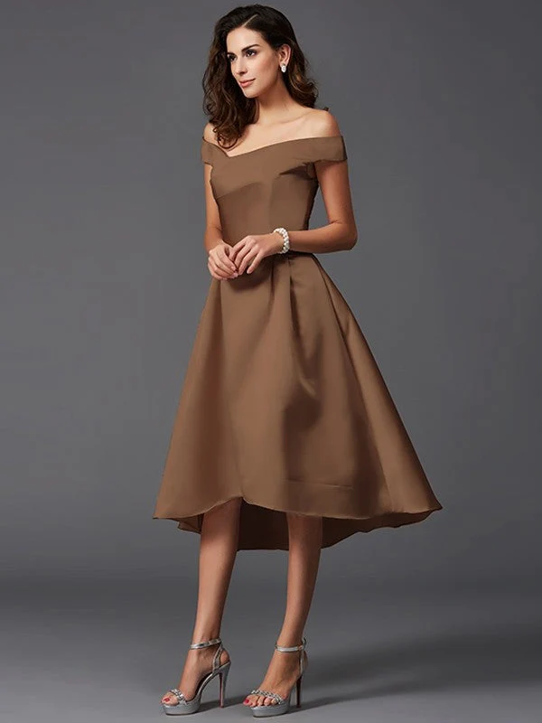 Charming Off-the-Shoulder Sleeveless High Low Satin Bridesmaid Dresses - Image 5