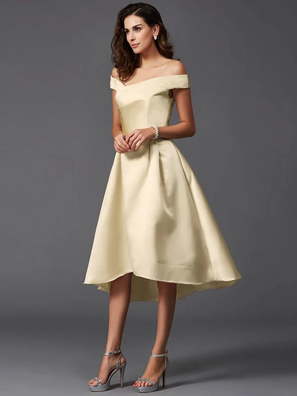 Charming Off-the-Shoulder Sleeveless High Low Satin Bridesmaid Dresses - Image 7