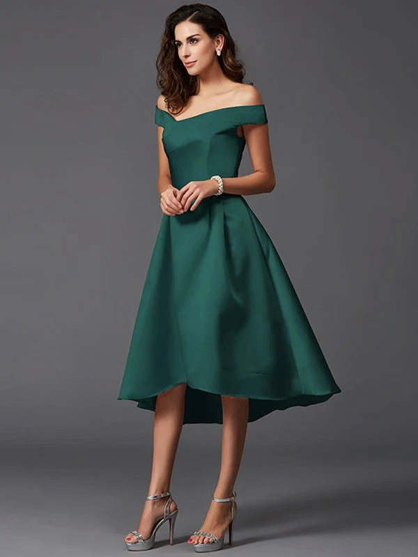 Charming Off-the-Shoulder Sleeveless High Low Satin Bridesmaid Dresses - Image 8