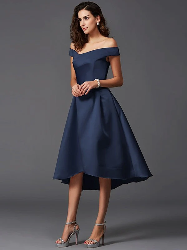 Charming Off-the-Shoulder Sleeveless High Low Satin Bridesmaid Dresses - Image 9