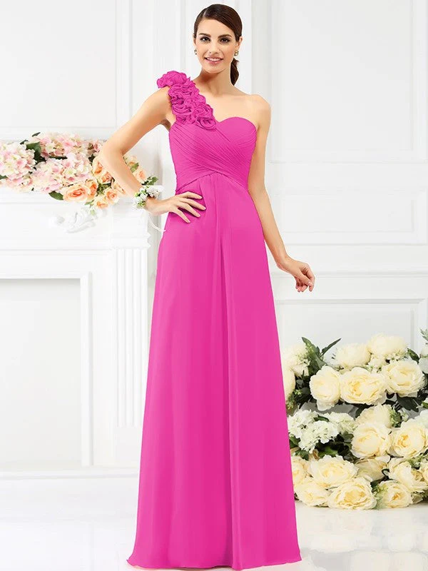 Charming One Shoulder Hand-Made Flower Sleeveless Long Chiffon Bridesmaid Dresses - Image 10