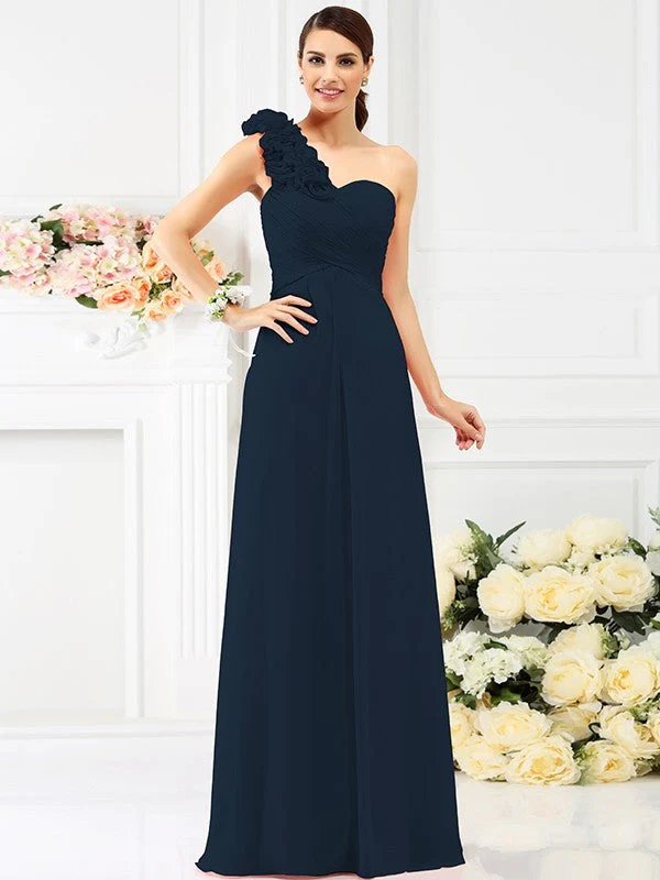 Charming One Shoulder Hand-Made Flower Sleeveless Long Chiffon Bridesmaid Dresses - Image 11