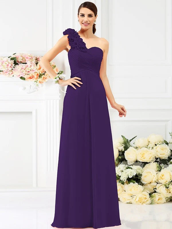 Charming One Shoulder Hand-Made Flower Sleeveless Long Chiffon Bridesmaid Dresses - Image 12