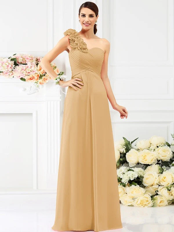 Charming One Shoulder Hand-Made Flower Sleeveless Long Chiffon Bridesmaid Dresses - Image 13