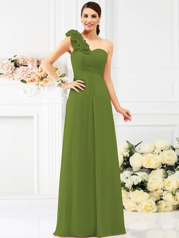 Charming One Shoulder Hand-Made Flower Sleeveless Long Chiffon Bridesmaid Dresses - Image 14