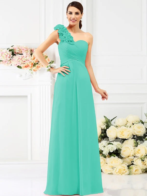 Charming One Shoulder Hand-Made Flower Sleeveless Long Chiffon Bridesmaid Dresses - Image 15