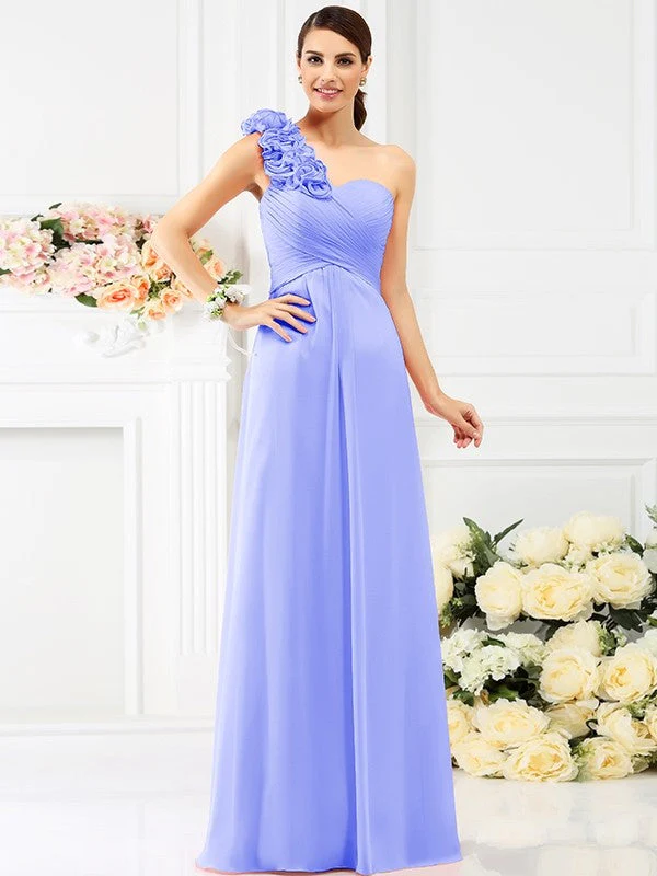 Charming One Shoulder Hand-Made Flower Sleeveless Long Chiffon Bridesmaid Dresses - Image 16
