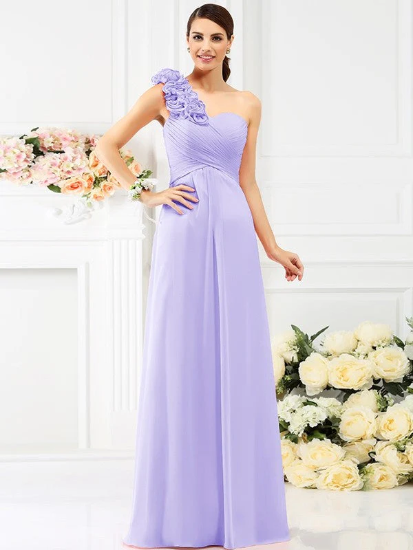Charming One Shoulder Hand-Made Flower Sleeveless Long Chiffon Bridesmaid Dresses - Image 17