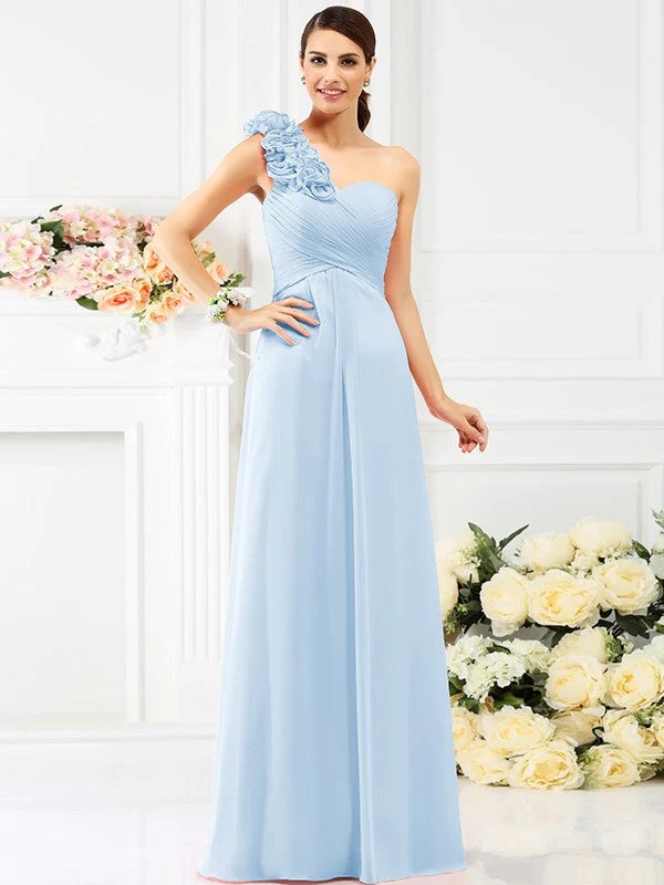 Charming One Shoulder Hand-Made Flower Sleeveless Long Chiffon Bridesmaid Dresses - Image 18