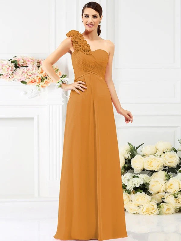 Charming One Shoulder Hand-Made Flower Sleeveless Long Chiffon Bridesmaid Dresses - Image 19