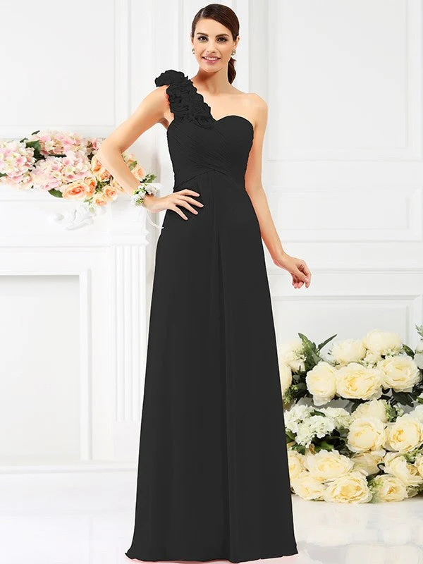 Charming One Shoulder Hand-Made Flower Sleeveless Long Chiffon Bridesmaid Dresses - Image 2