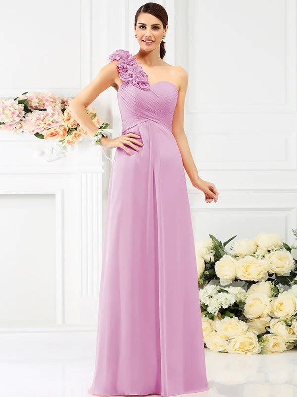 Charming One Shoulder Hand-Made Flower Sleeveless Long Chiffon Bridesmaid Dresses - Image 20