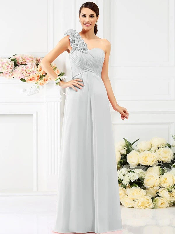 Charming One Shoulder Hand-Made Flower Sleeveless Long Chiffon Bridesmaid Dresses - Image 21