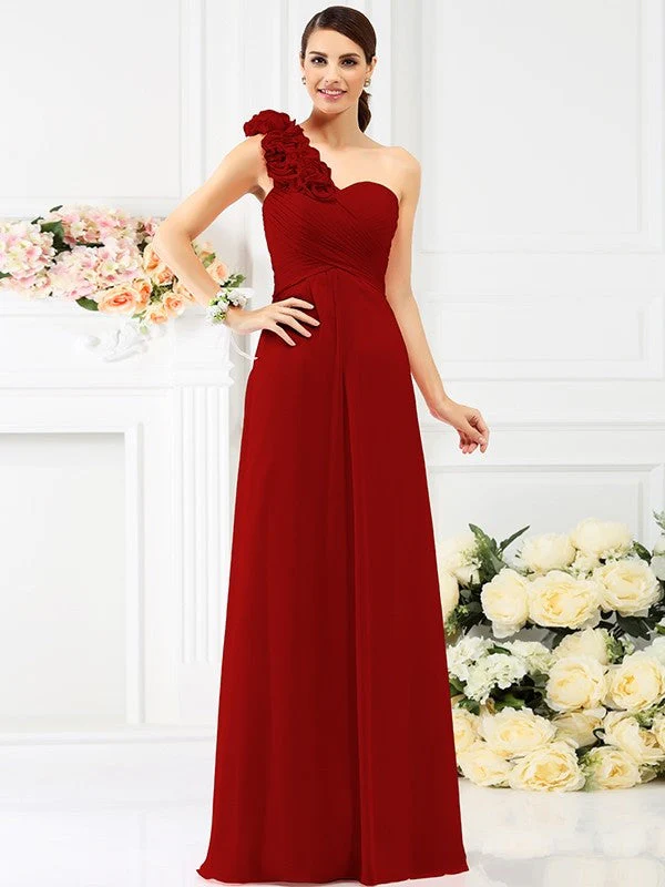 Charming One Shoulder Hand-Made Flower Sleeveless Long Chiffon Bridesmaid Dresses - Image 23