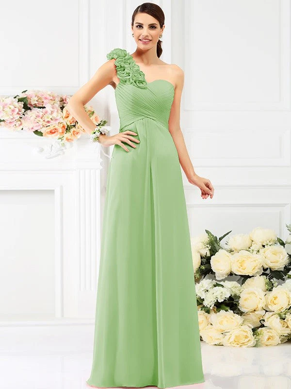 Charming One Shoulder Hand-Made Flower Sleeveless Long Chiffon Bridesmaid Dresses - Image 24