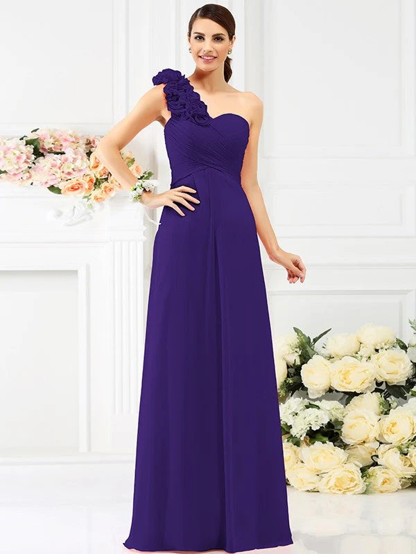 Charming One Shoulder Hand-Made Flower Sleeveless Long Chiffon Bridesmaid Dresses - Image 25