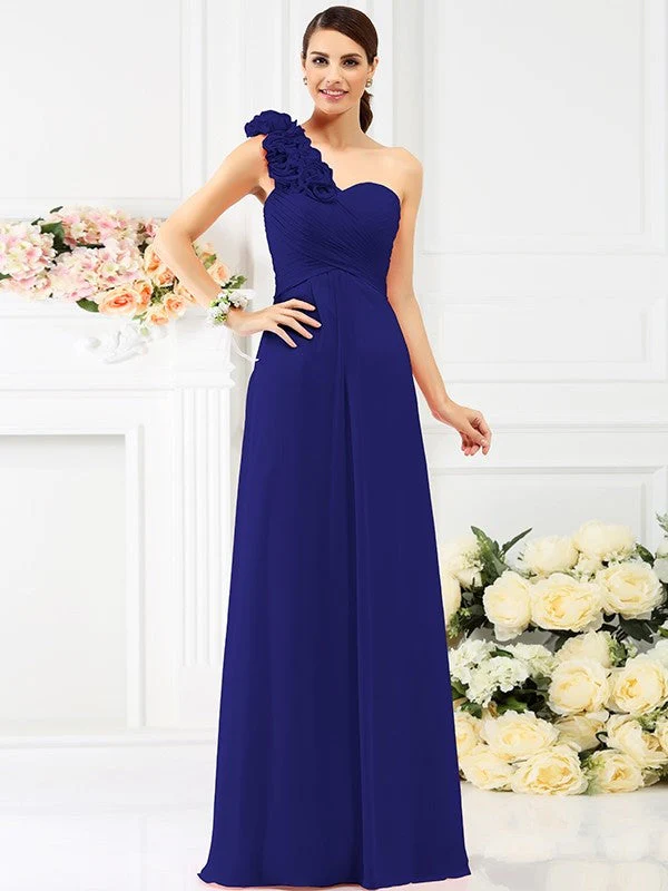 Charming One Shoulder Hand-Made Flower Sleeveless Long Chiffon Bridesmaid Dresses - Image 26